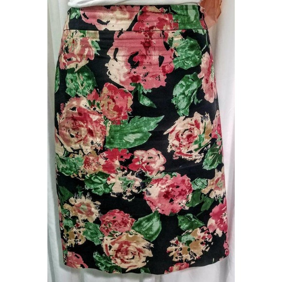 Talbots Denim Cotton Black Pink Green Floral Pencil Skirt Lined Knee Stretch 8P - Picture 3 of 7